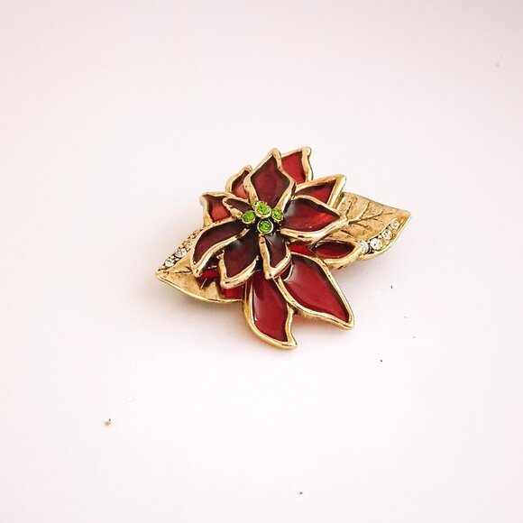 LC Enamel Poinsettia Brooch Red Gold Christmas Flower Pin - Picture 3 of 6
